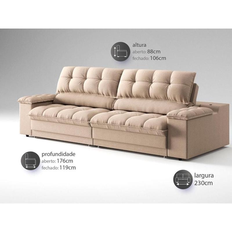 Sofá 3 Lugares Retrátil e Reclinável Helen com USB e Porta-Copos